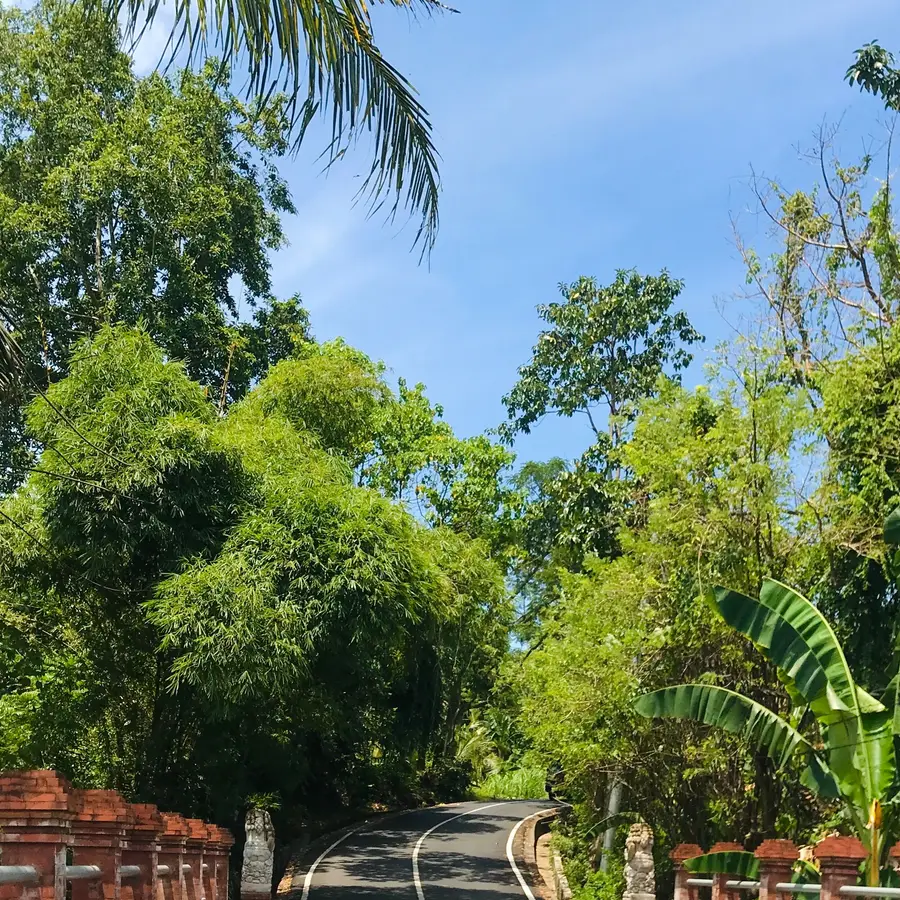 A winding road through green hills under a blue sky